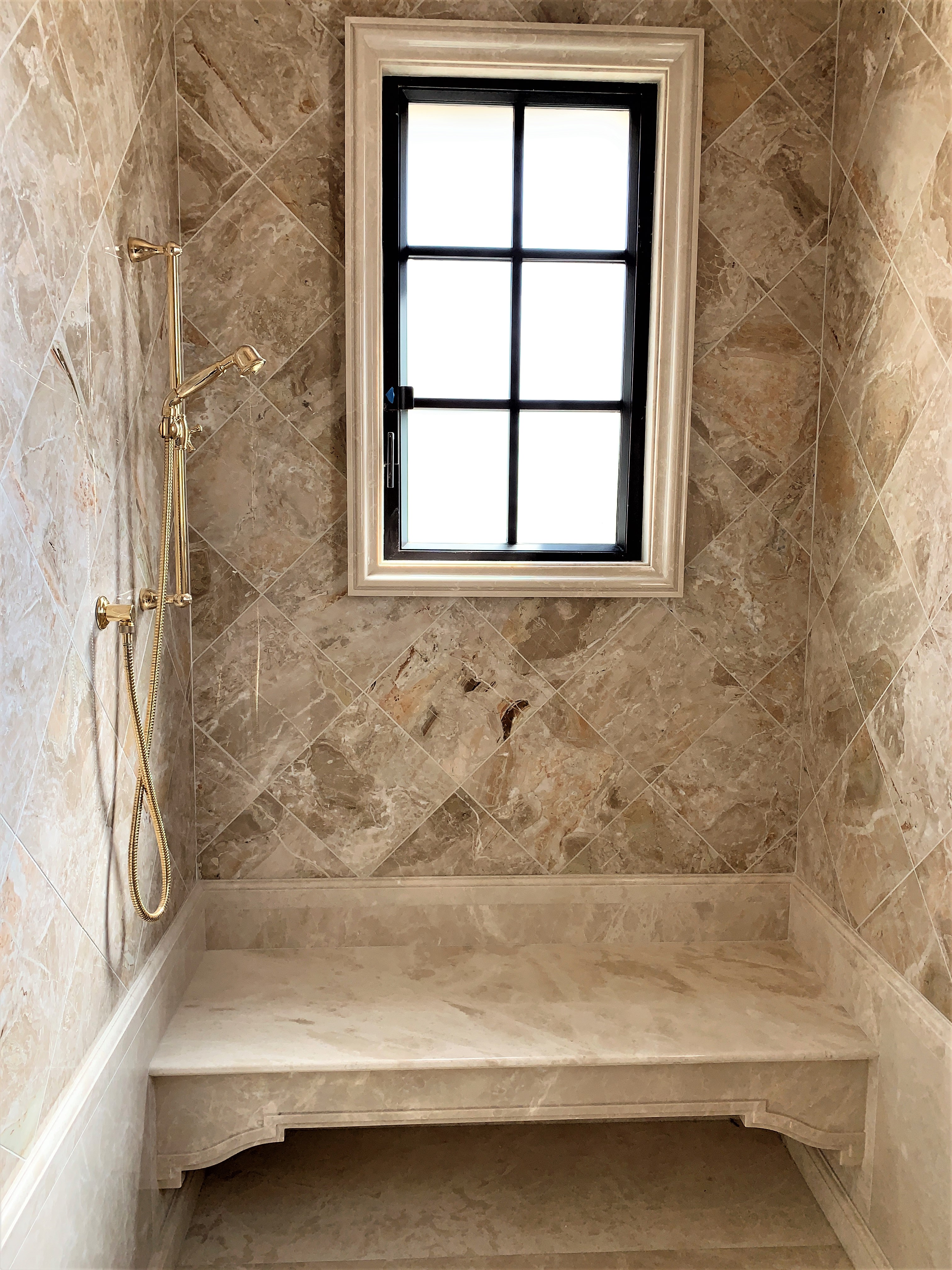 custom shower design, mosaic, shower seat