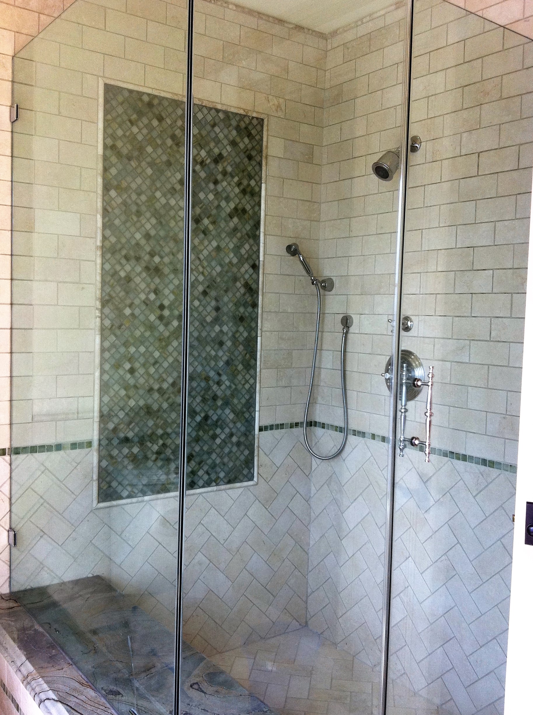 custom shower design, mosaic, shower damn, shower seat