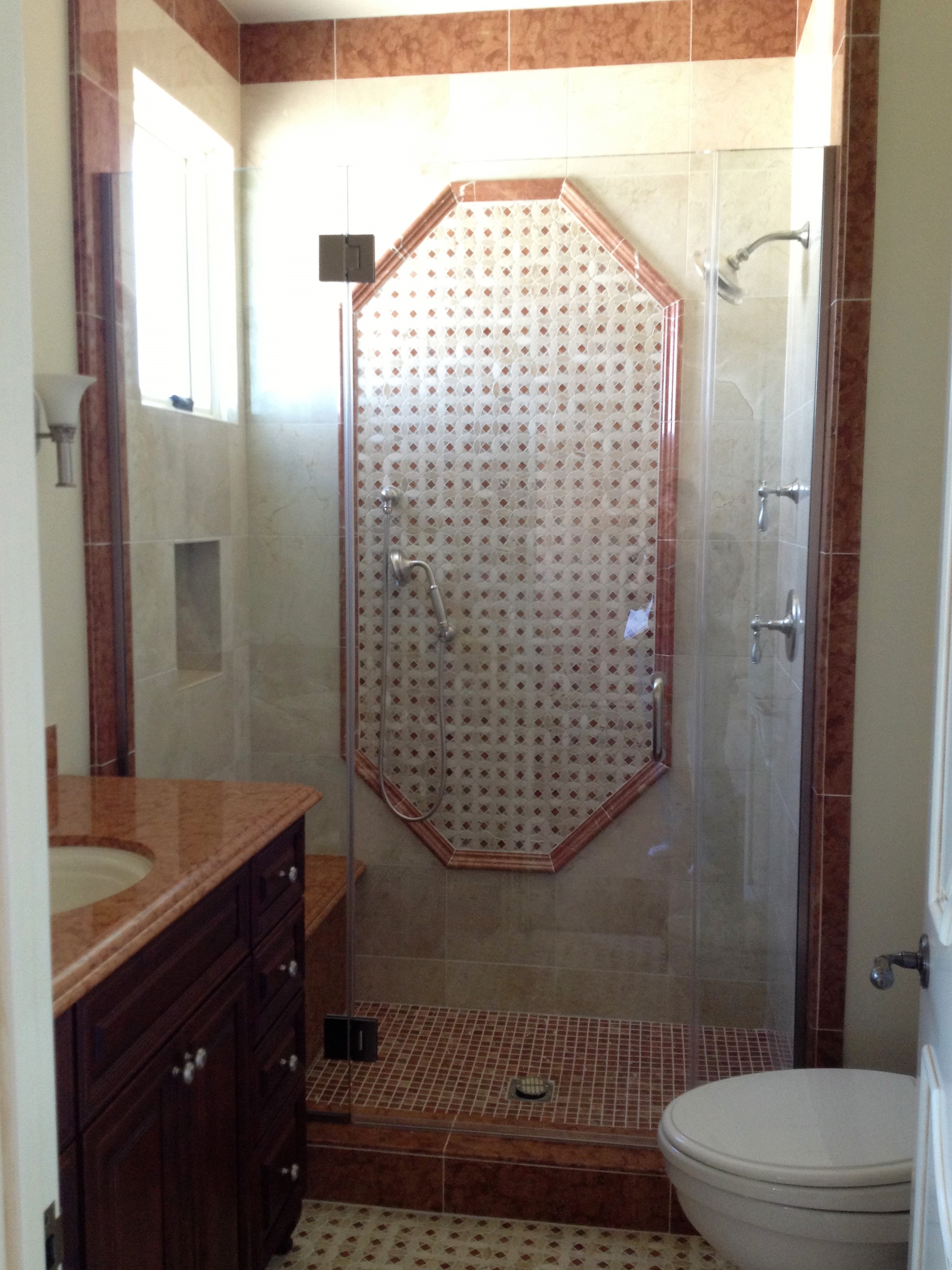 custom shower design, mosaic, niche, shower damn, shower seat