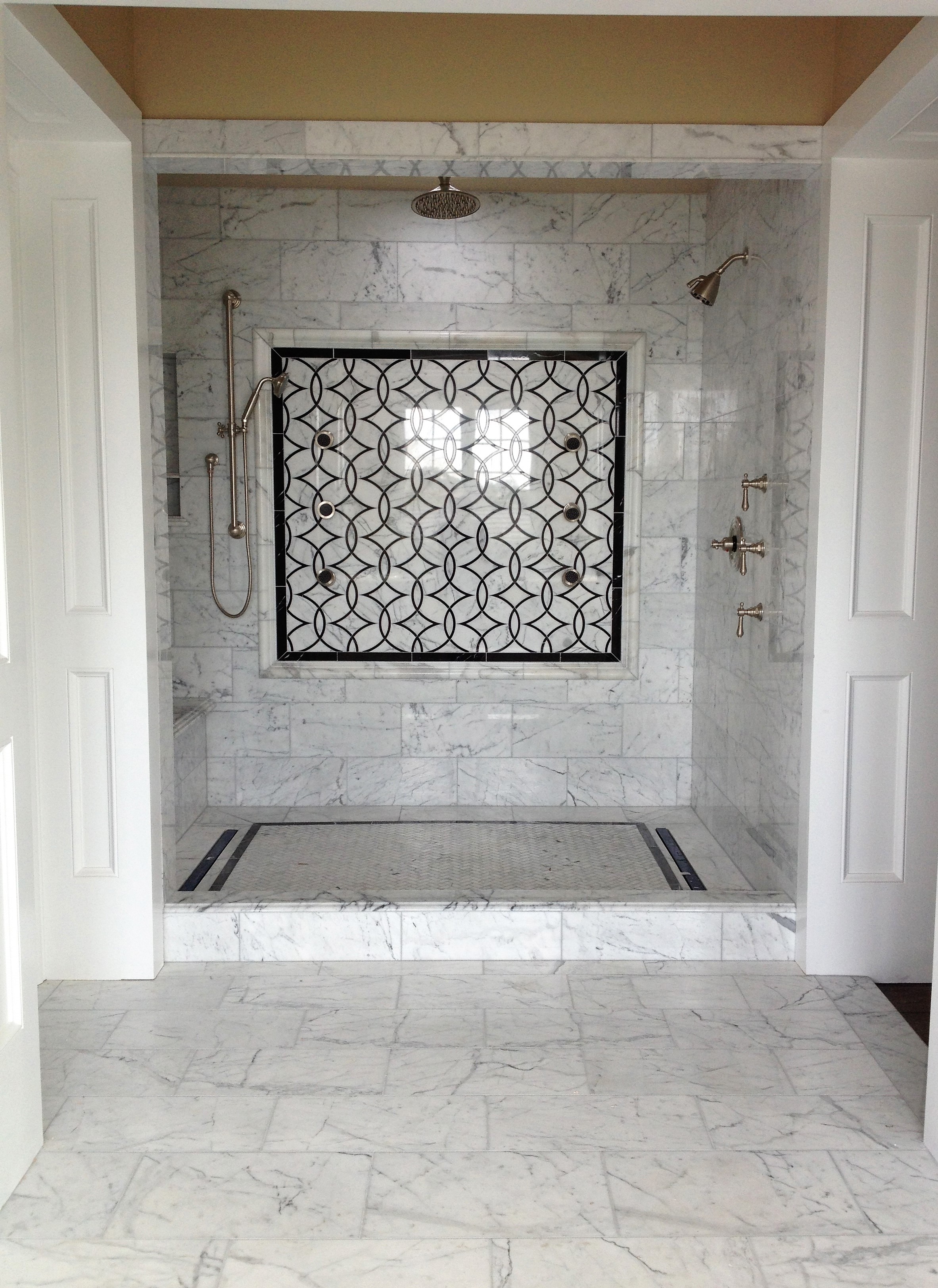custom shower design, mosaic, natural stone,