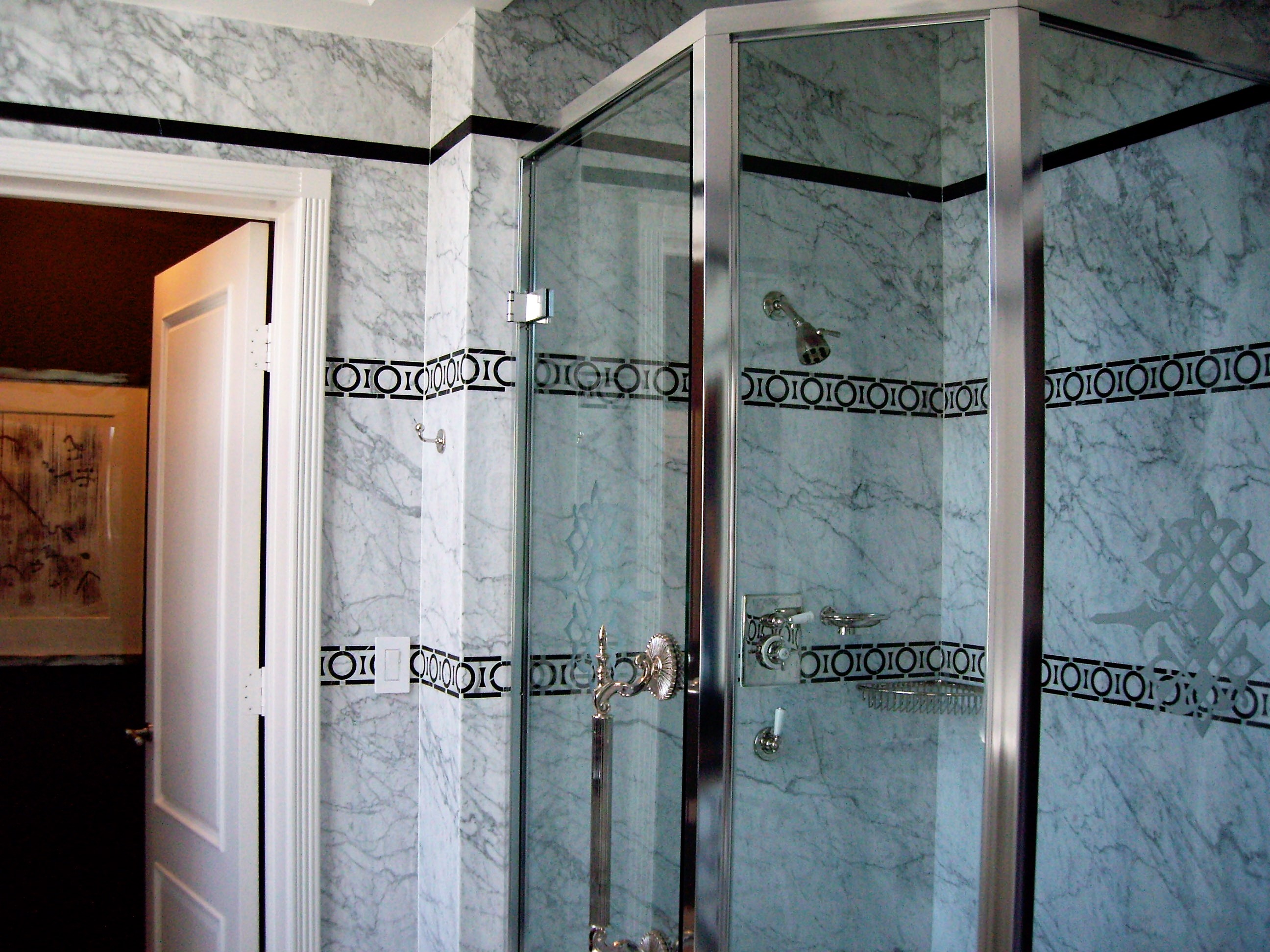 custom shower design, mosaic, natural stone,
