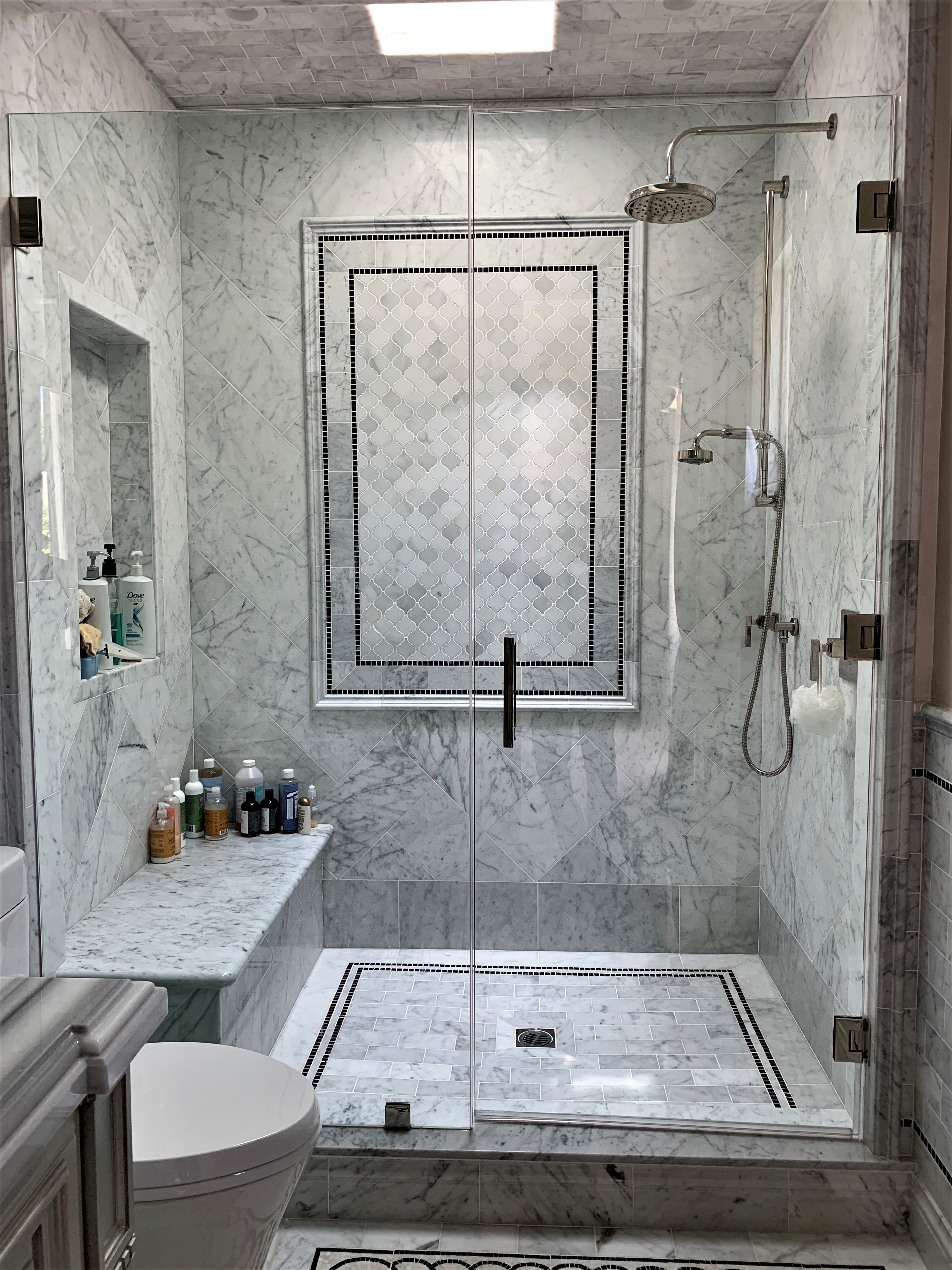 custom shower design, shower seat, niche 