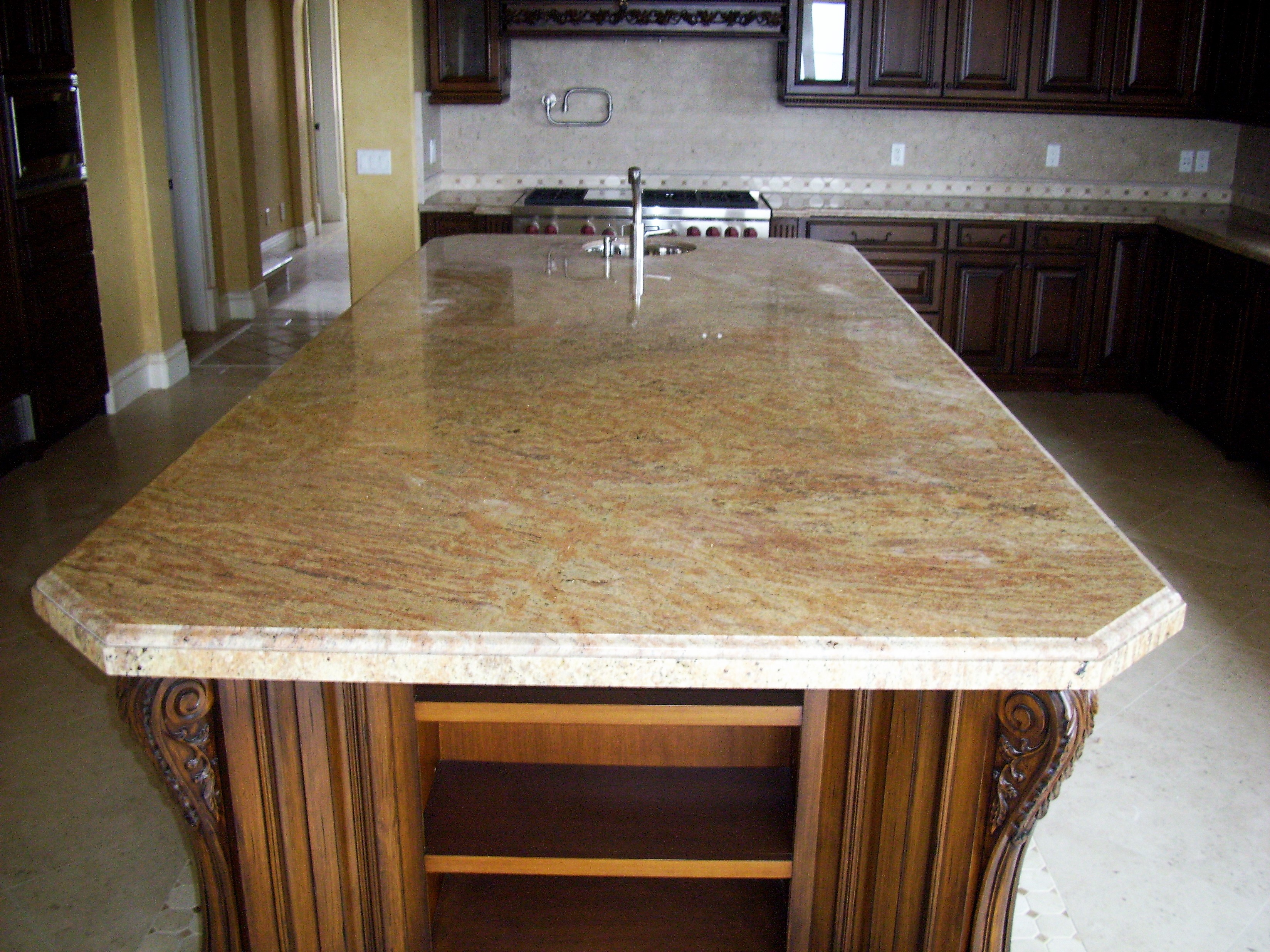 kitchen island, counter tops, floor, natural stone, back splash, mosaic
