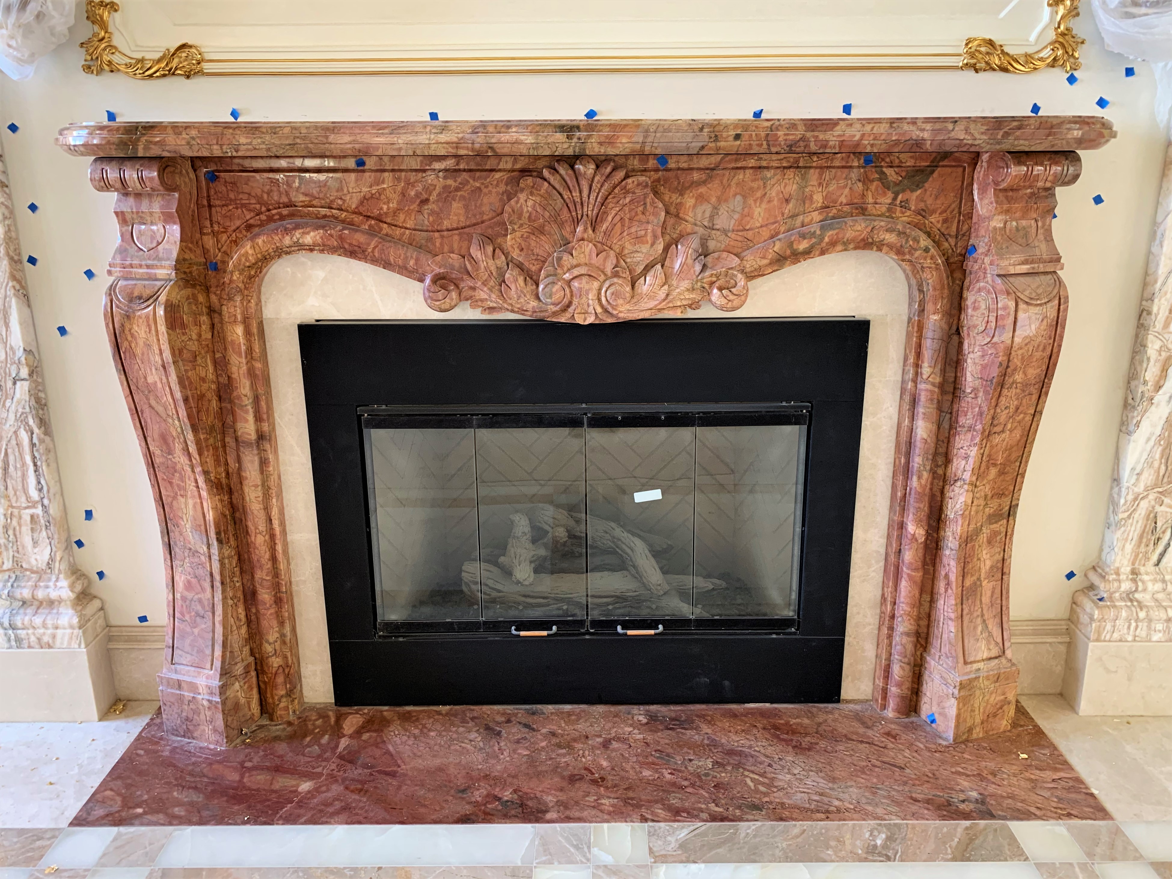 fireplace, natural stone, floor, pillars, custom design