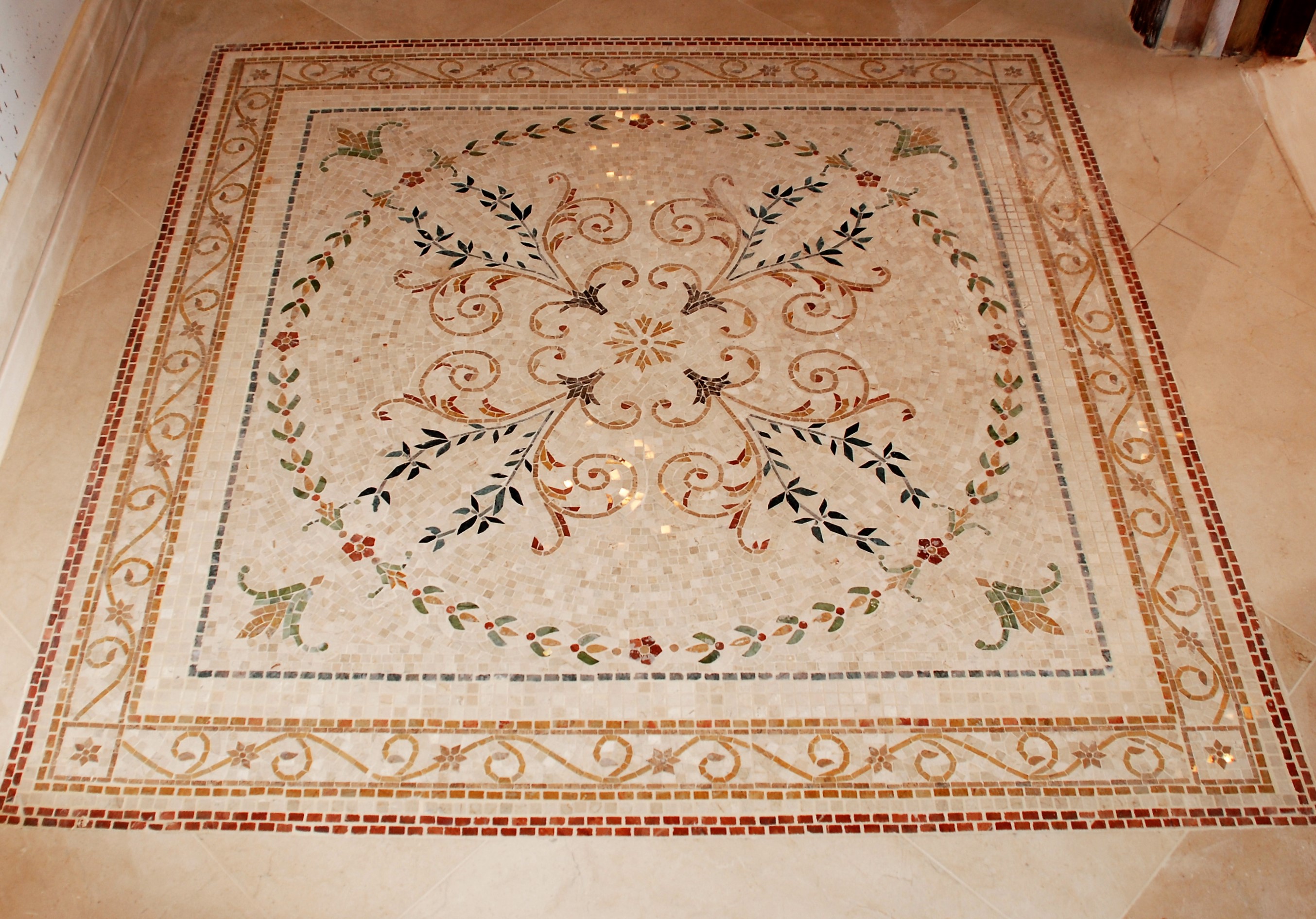 custom floor design, mosaic, floor, hallway, marble, natural stone