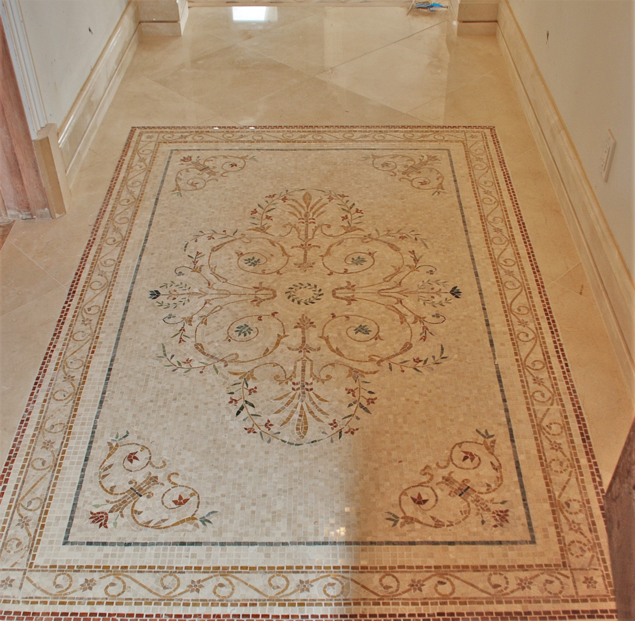 custom floor design, mosaic, floor, hallway, marble, natural stone