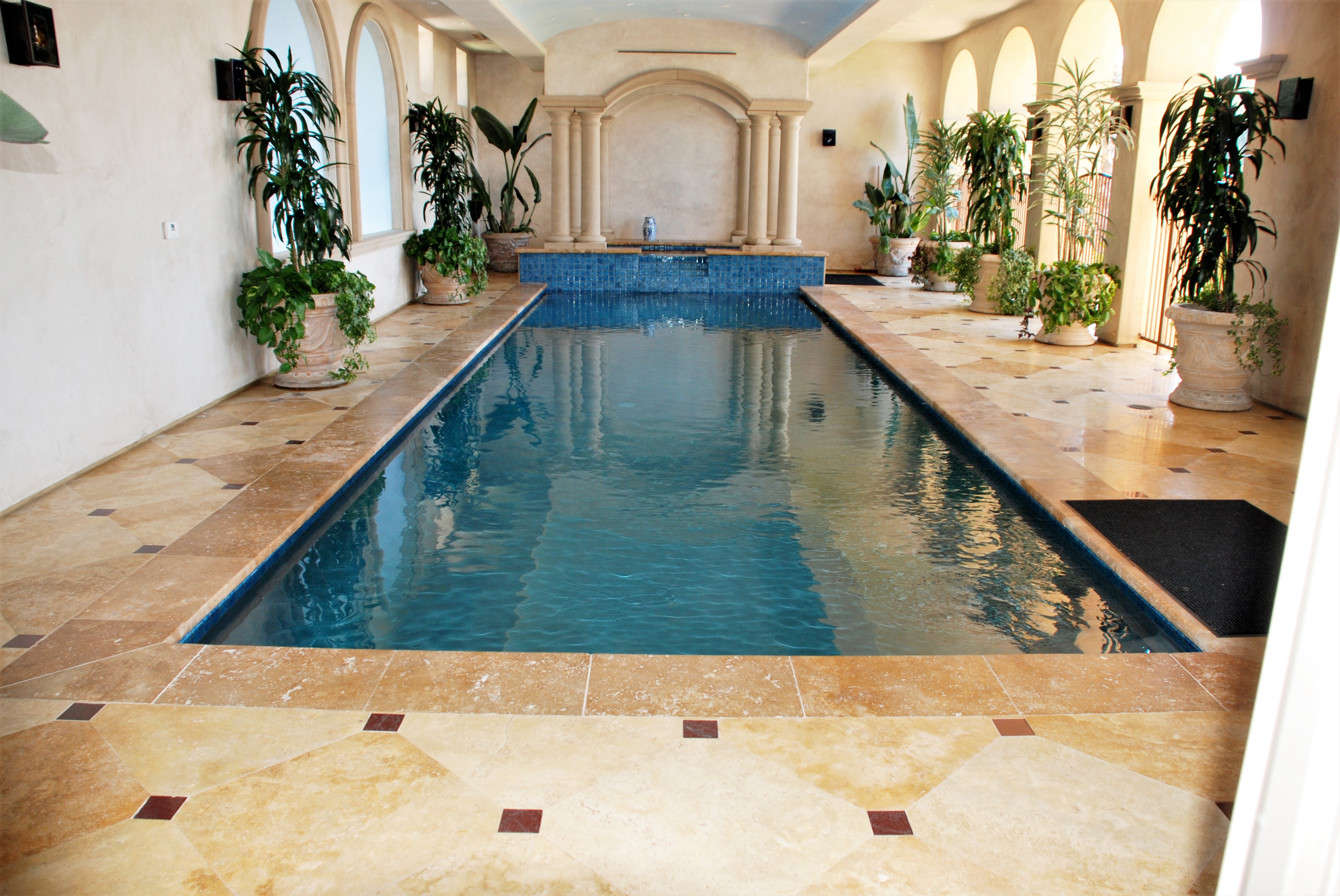 exterior design, pool, fountain, pillars, natural stone
