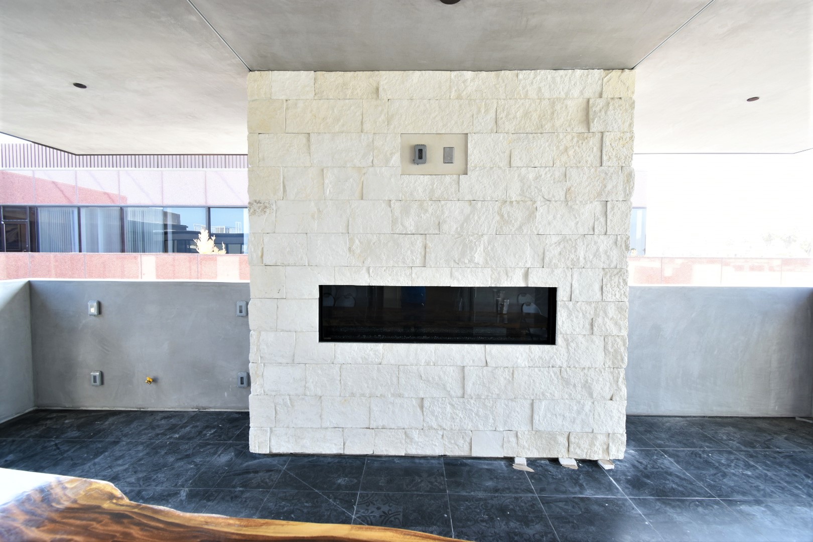 fireplace, exterior design, commercial, brick, natural stone, tile, floor, grout